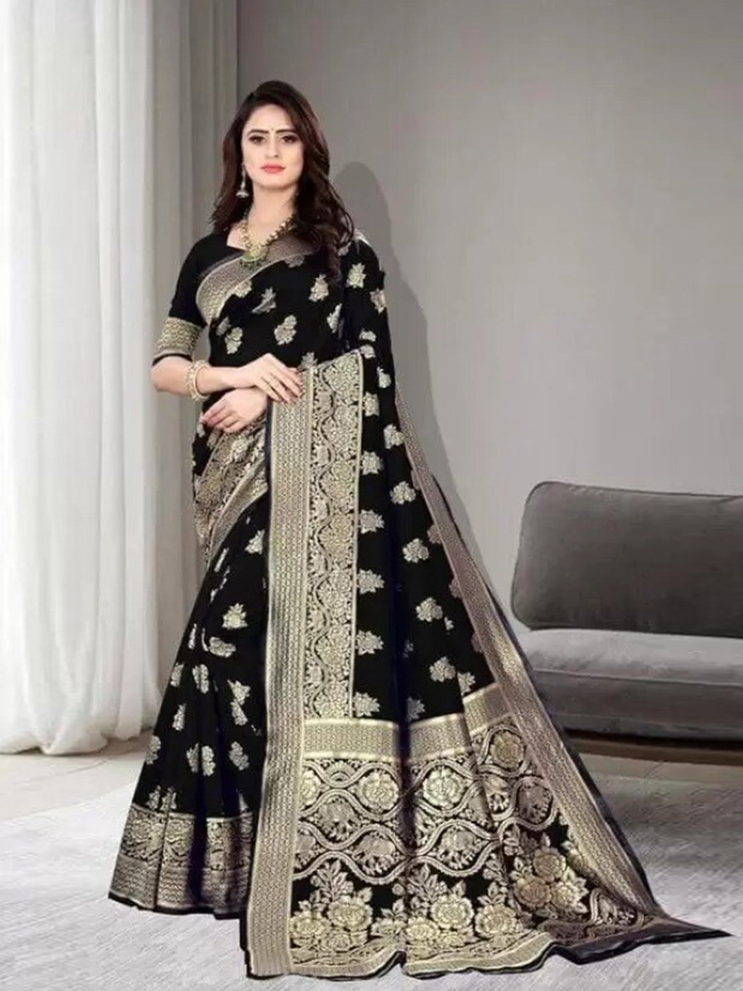 

KALINI Woven Design Zari Pure Silk Banarasi Saree, Black
