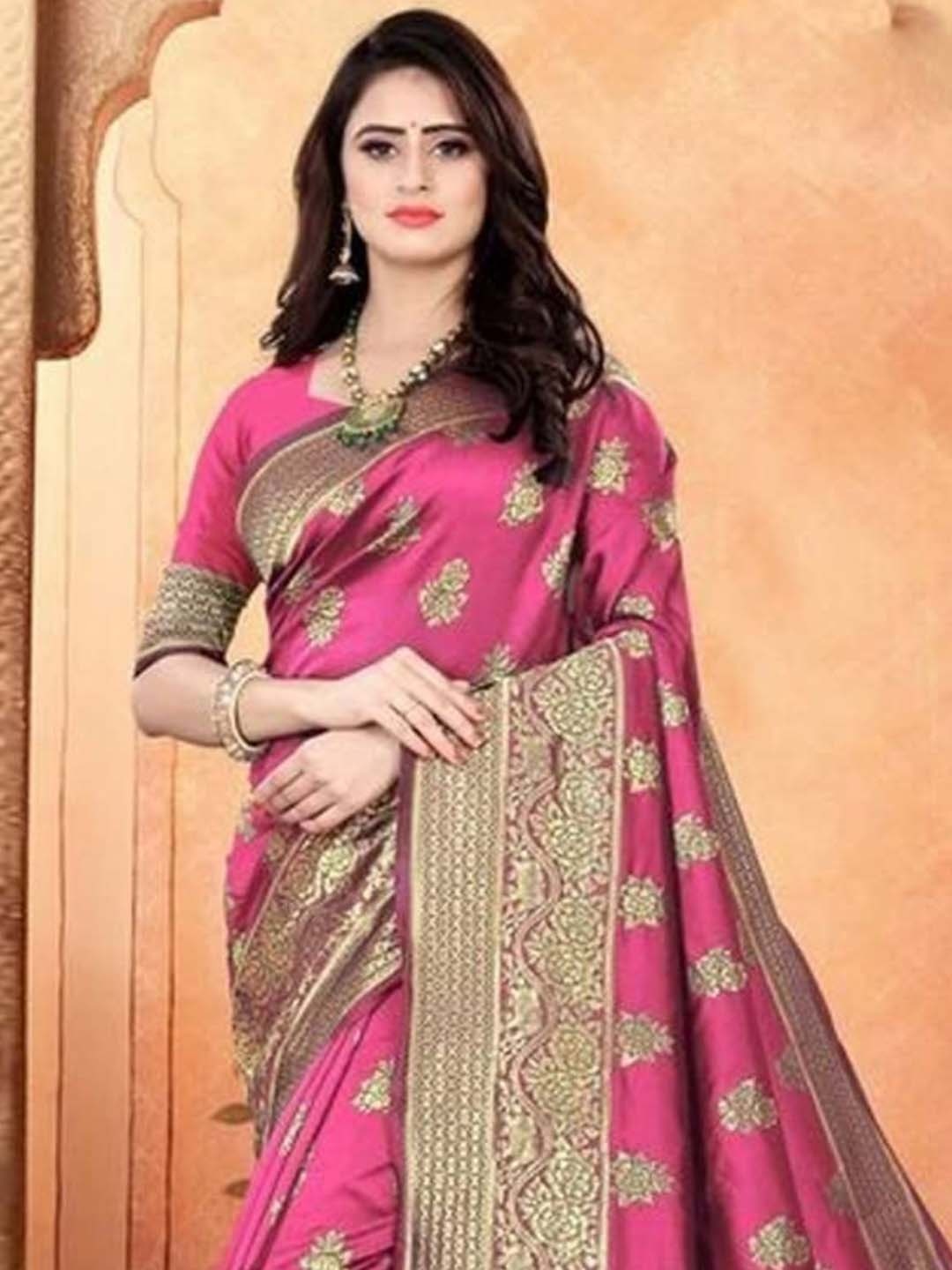 

KALINI Woven Design Zari Art Silk Banarasi Saree, Pink