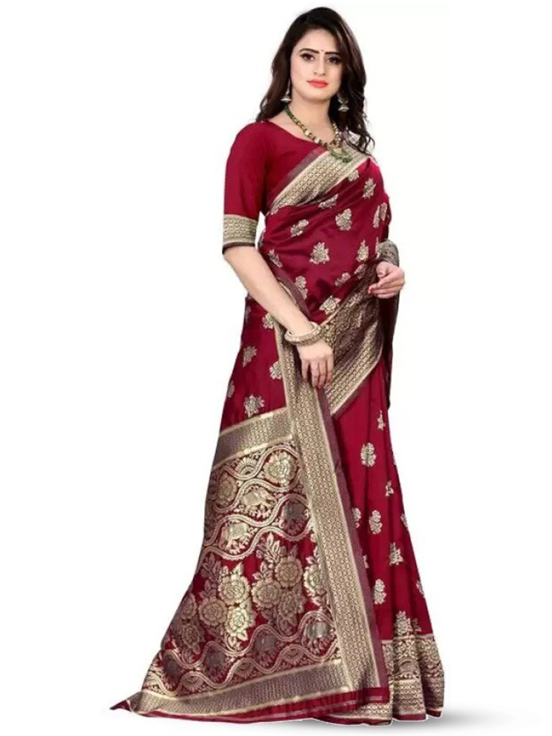 

KALINI Woven Design Zari Pure Silk Kanjeevaram Saree, Red