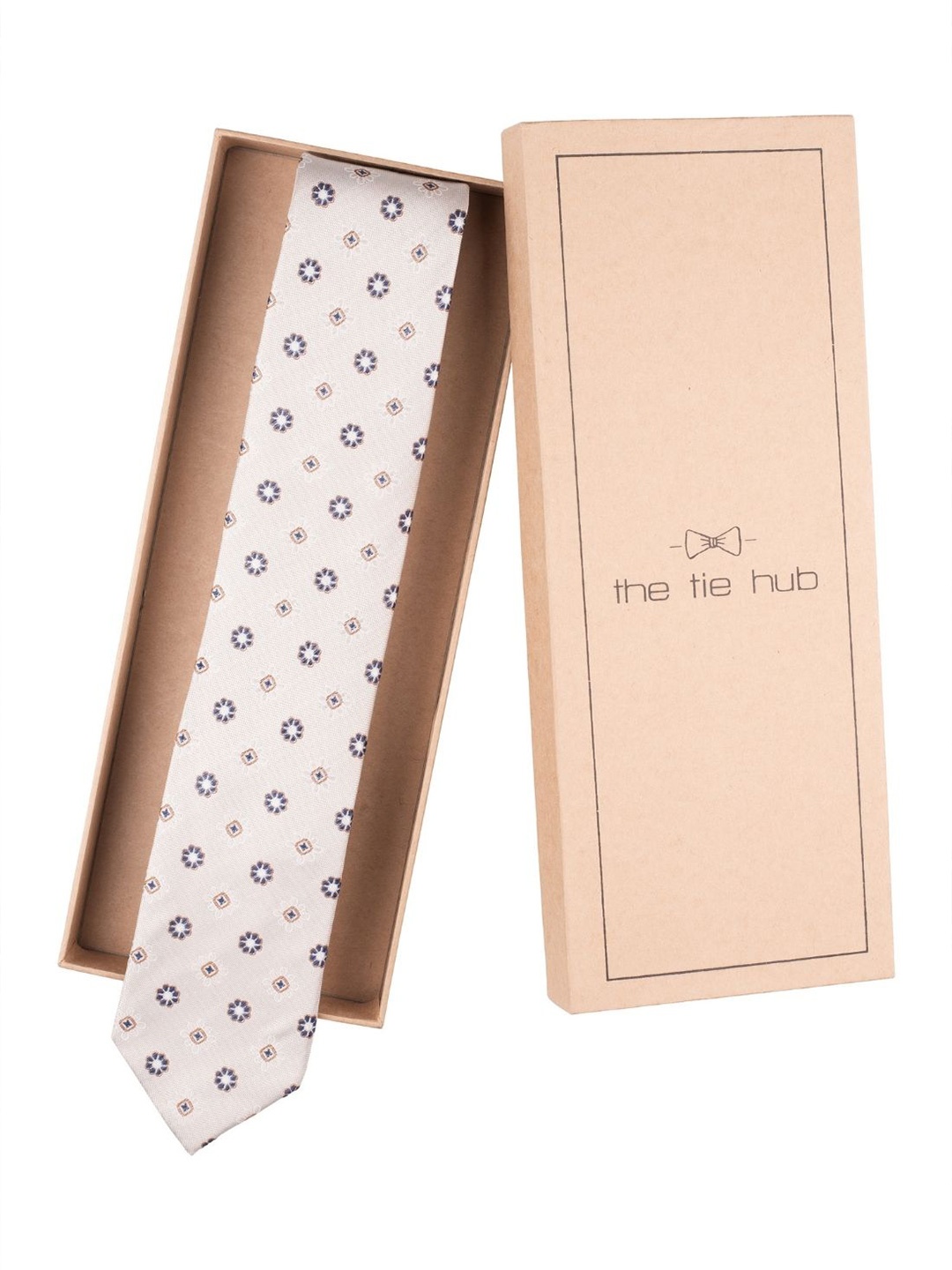 

The Tie Hub Men Printed Silk Skinny Tie, Cream