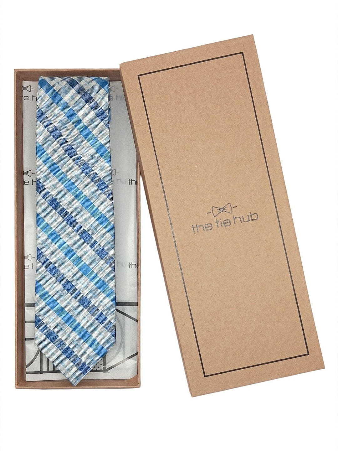 

The Tie Hub Men Checked Silk Broad Tie, Blue