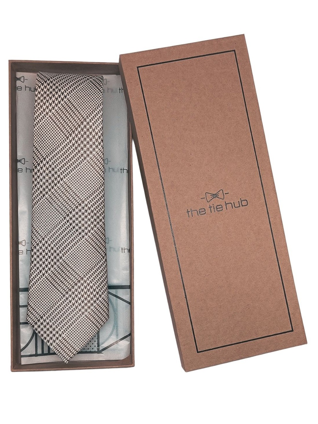 

The Tie Hub Men Checked Silk Broad Tie, Brown