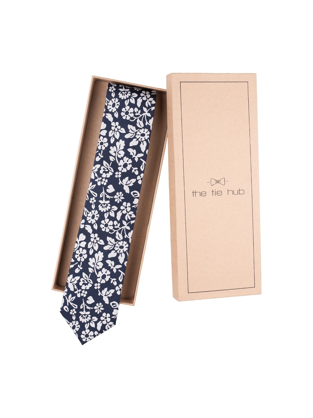 

The Tie Hub Men Printed Silk Broad Tie, Navy blue