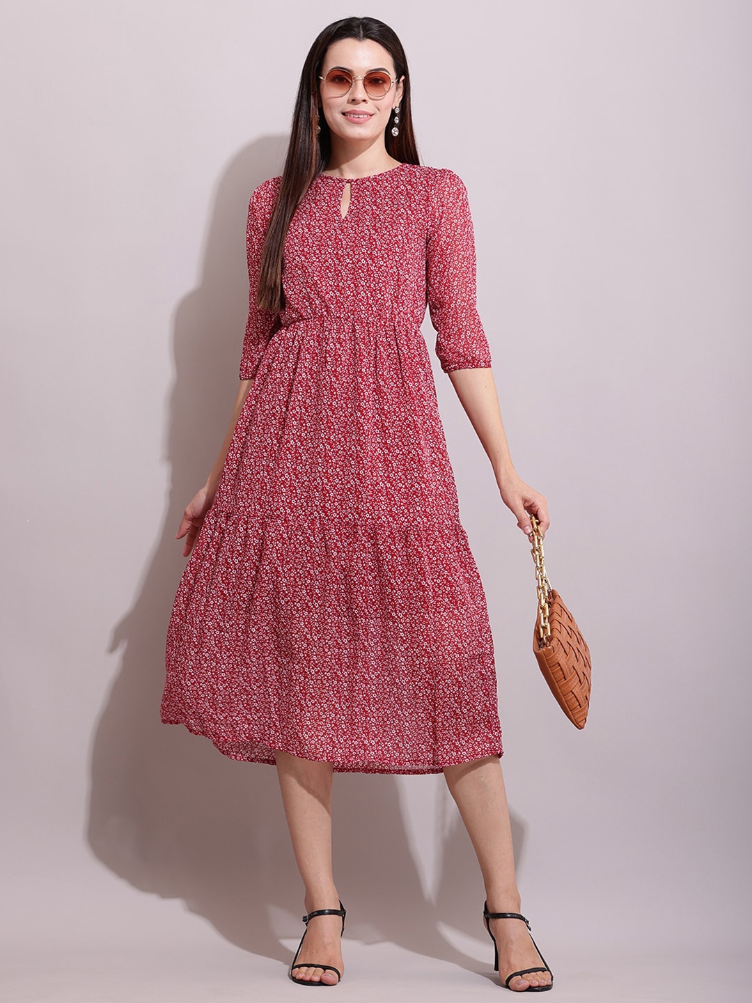 SQew Floral Printed Keyhole Neck Georgette Fit & Flare Midi Dress, Red