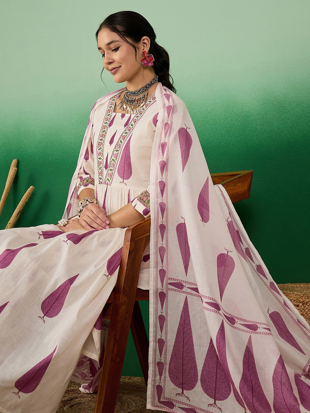 

Sangria Ethnic Motifs Printed Pure Cotton V-Neck A-Line Kurta With Trousers & Dupatta, Pink