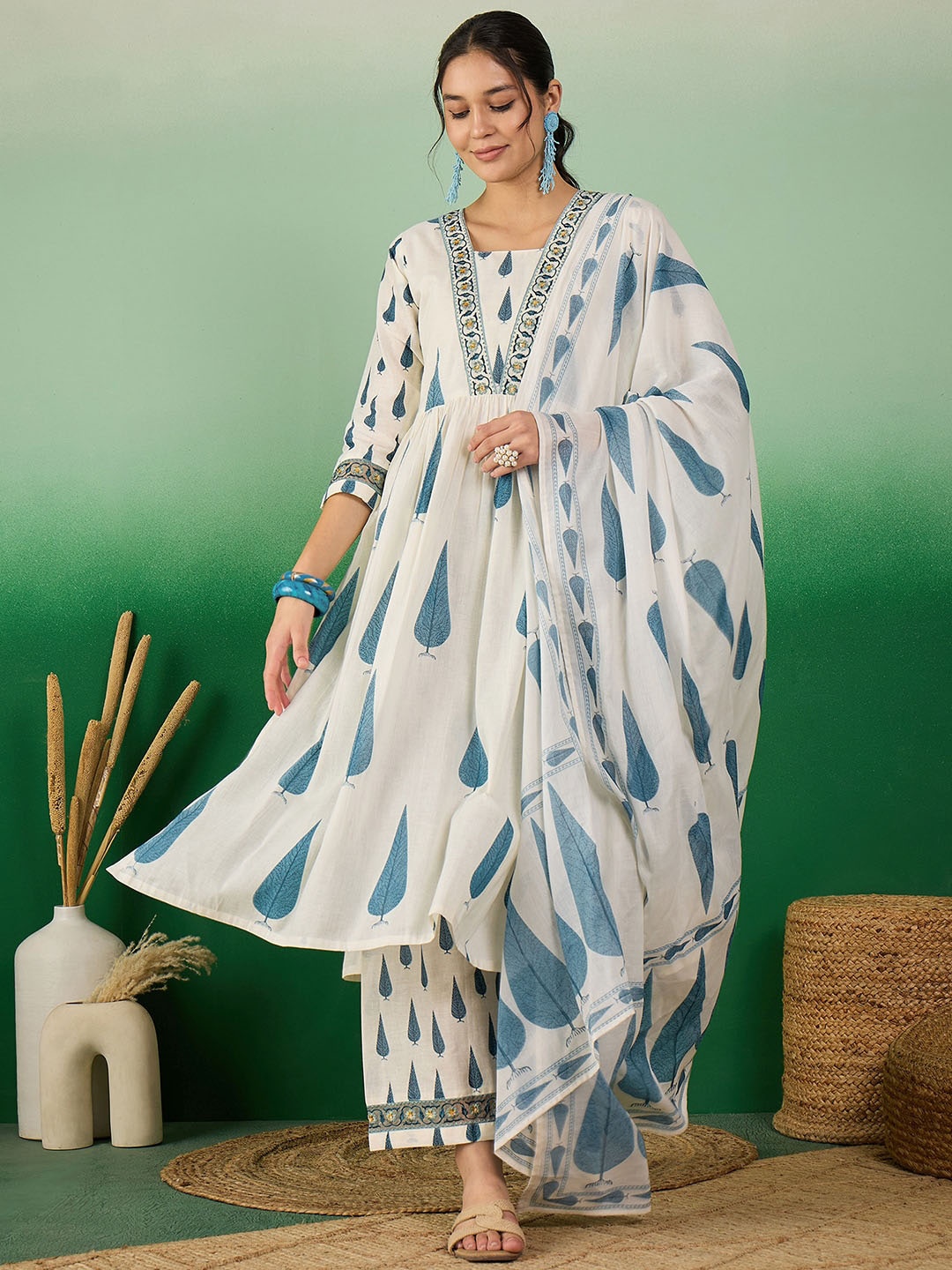 

Sangria Ethnic Motifs Printed Pure Cotton V-Neck A-Line Kurta With Palazzo & Dupatta, Blue