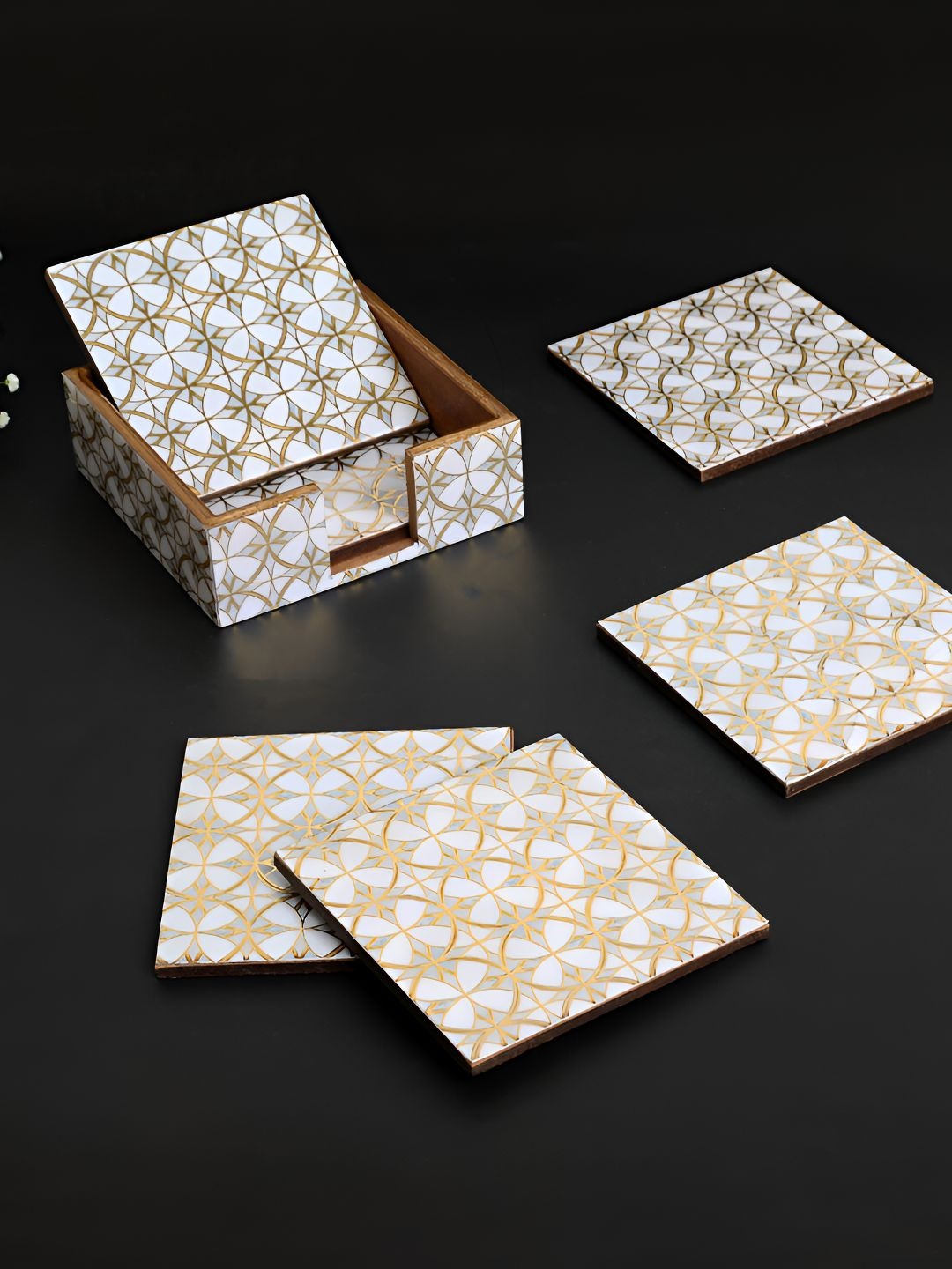 

THE HOME CO. White & Beige 6 Pieces Printed Wooden Square Shaped Coasters