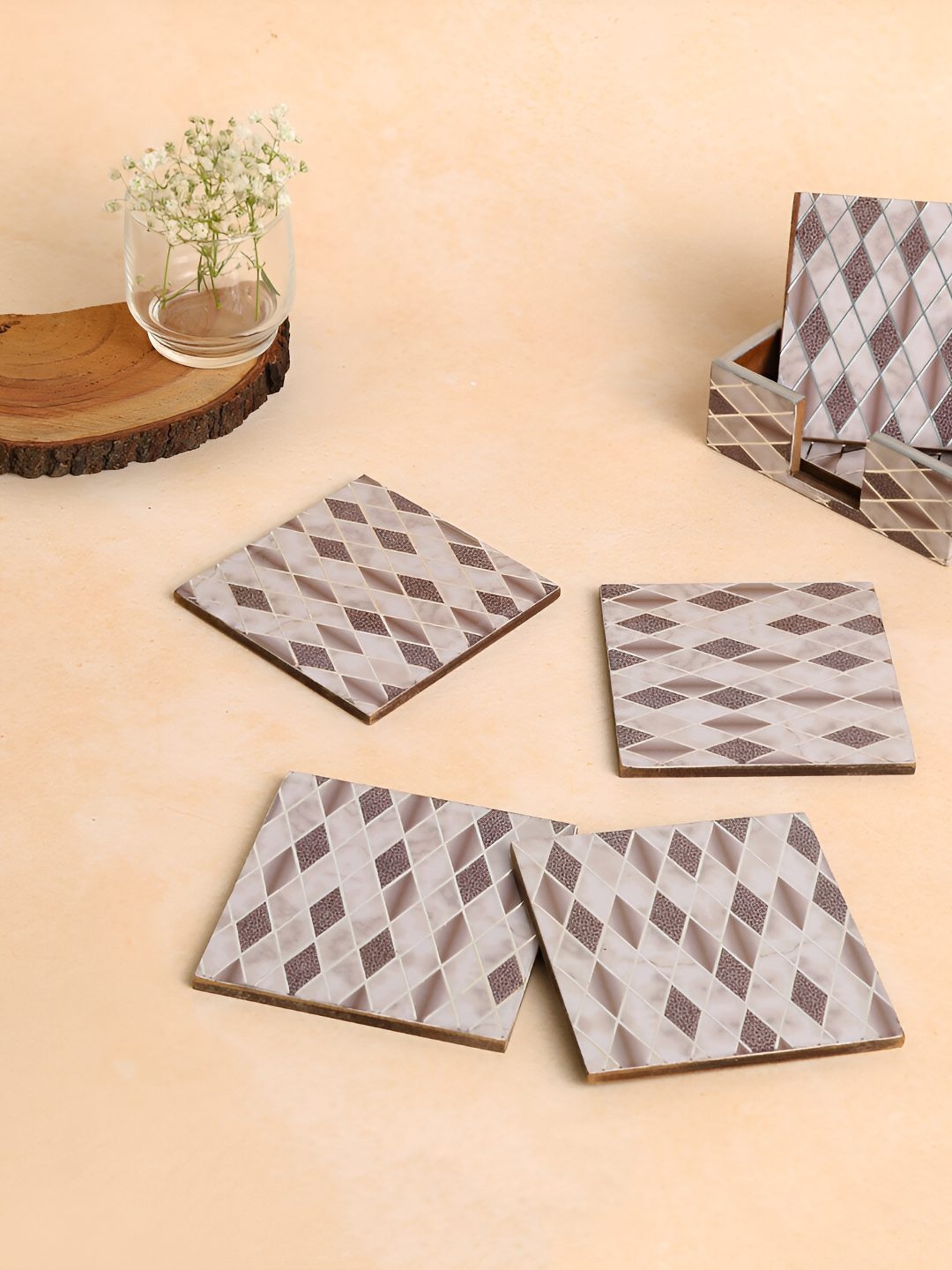 

THE HOME CO. Grey & Brown 6 Pieces Printed Wooden Coasters