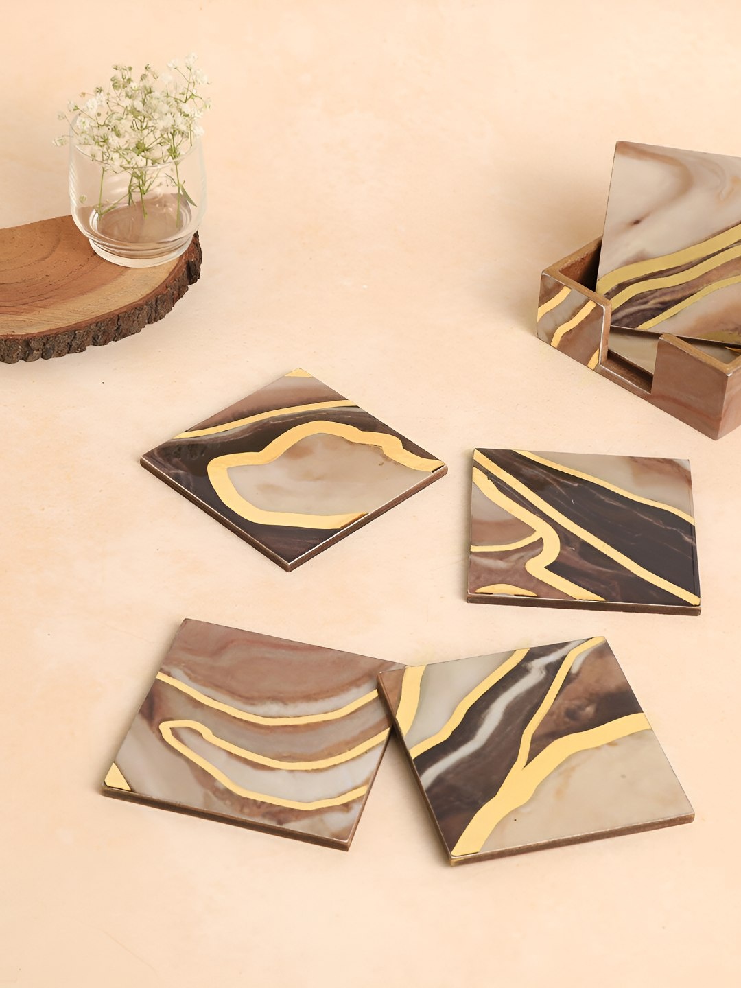 

THE HOME CO. Brown & Gold-Toned 6Pcs Printed Wooden Coasters