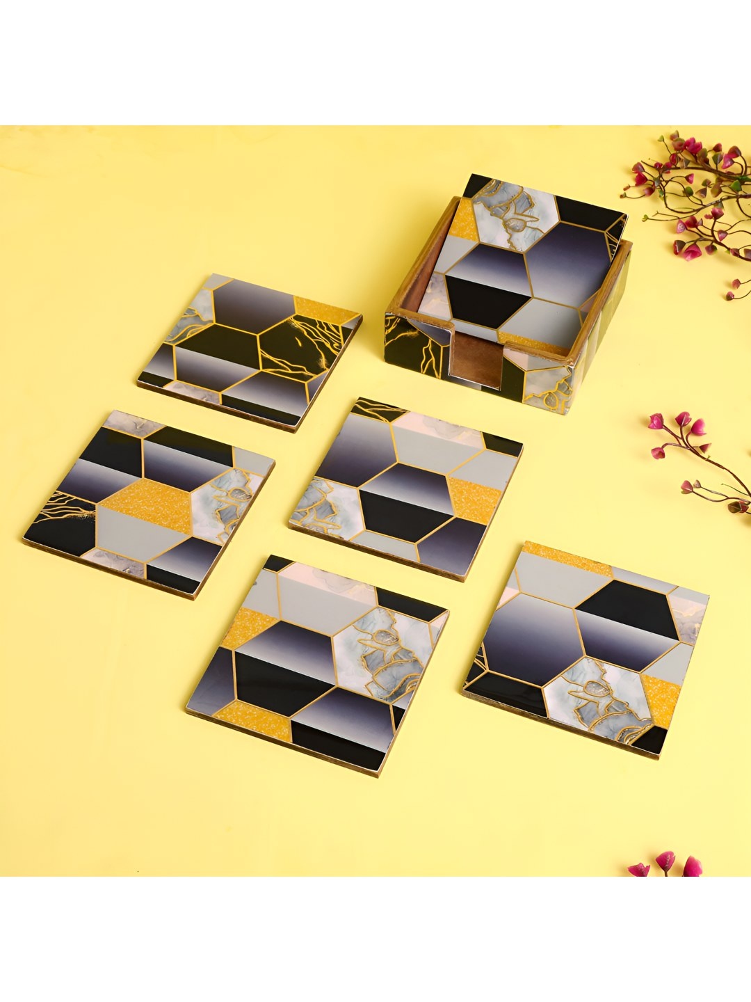 

THE HOME CO. Black & Yellow 6 Pieces Printed Wooden Square Shaped Coasters