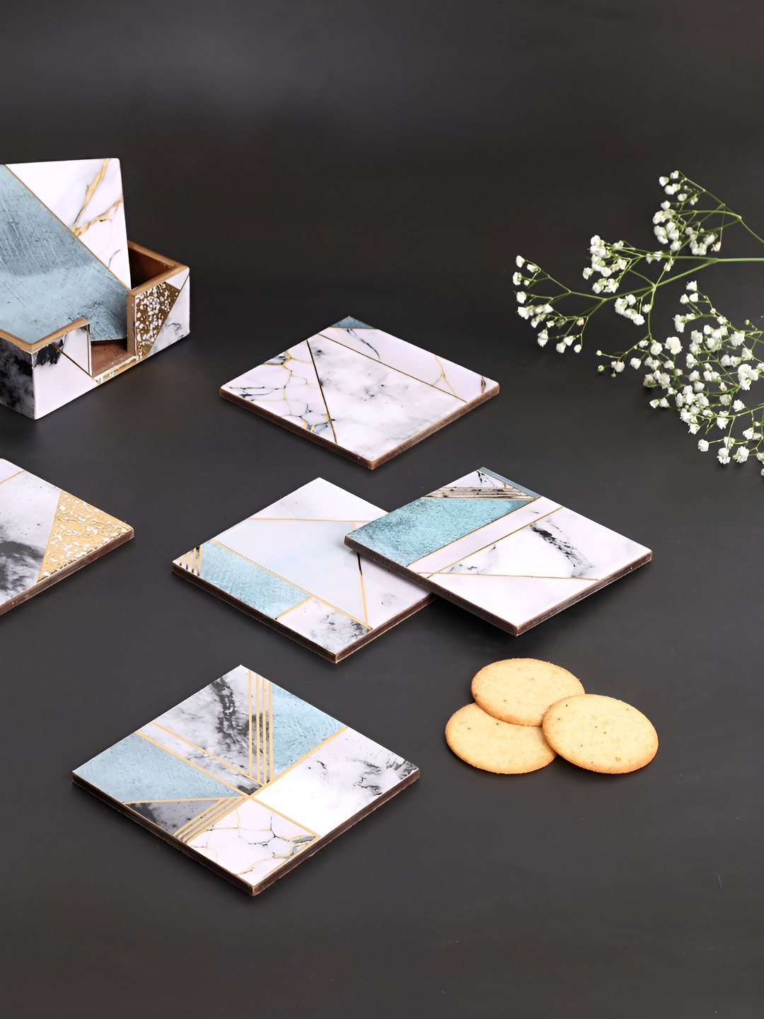 

THE HOME CO. Grey & White 6 Pieces Printed Wooden Coasters