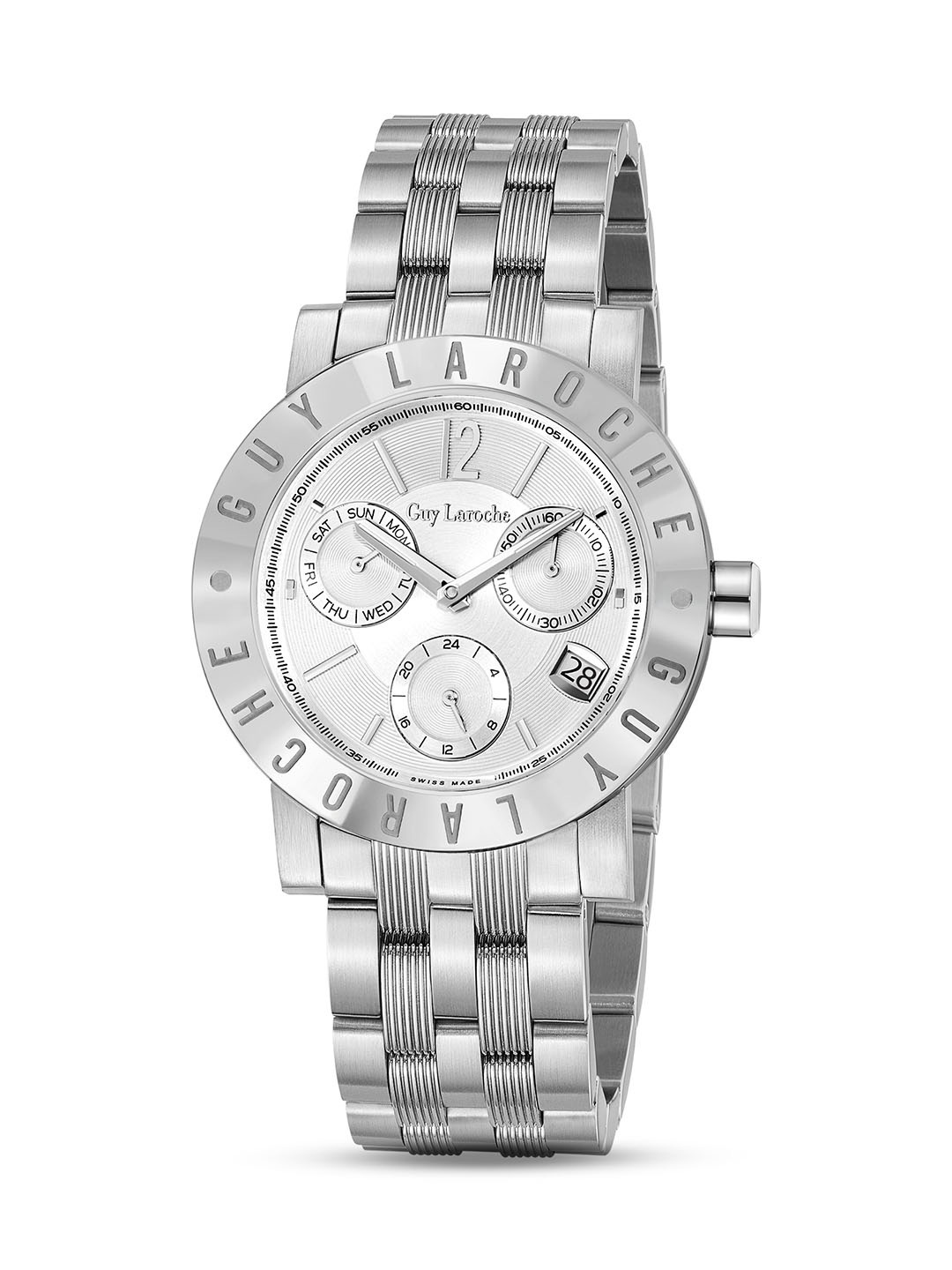 

Guy Laroche Men Embellished Dial & Stainless Steel Analogue Swiss Made Watch GLWGG0000118, Silver