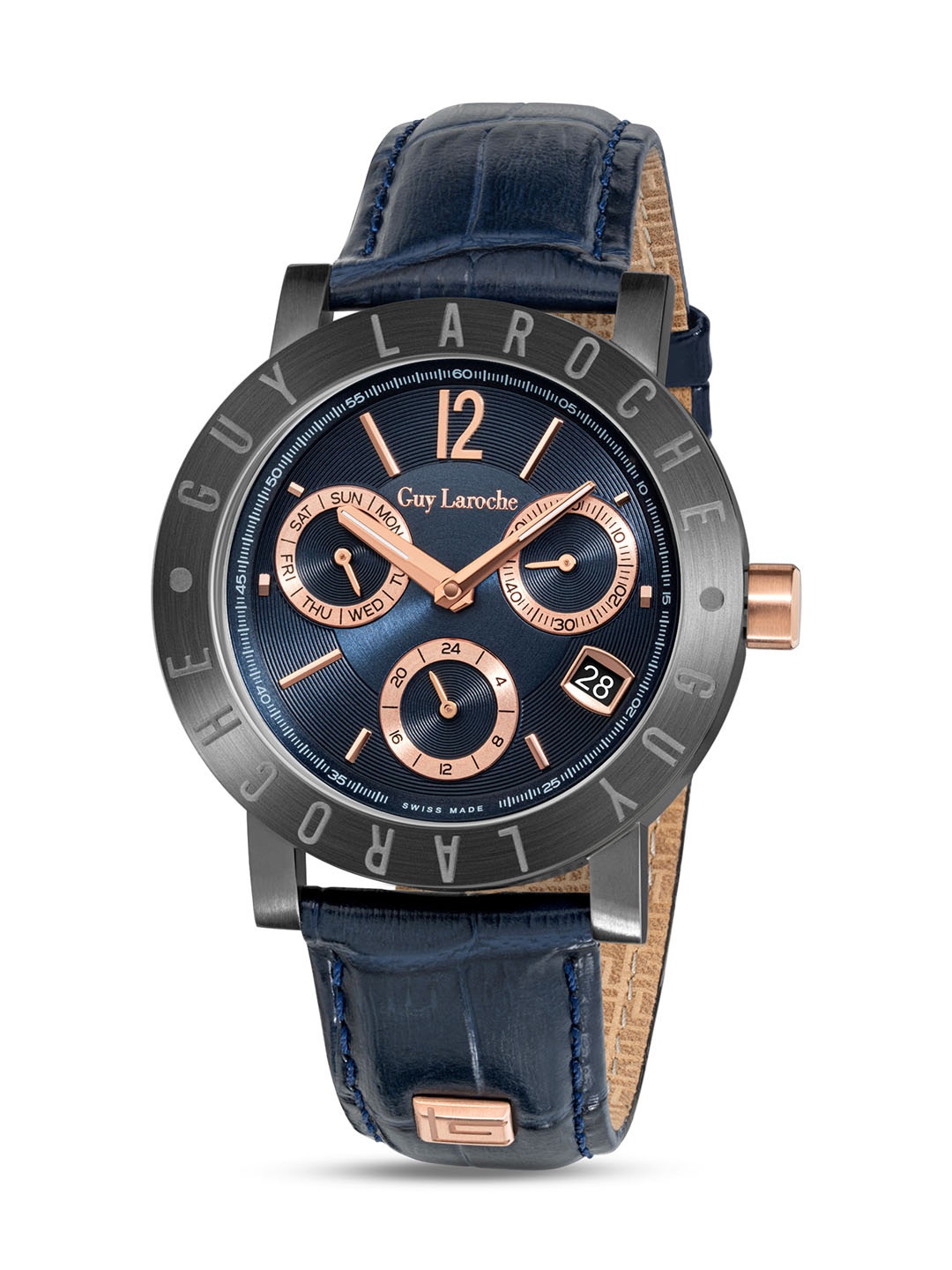 

Guy Laroche Men Leather Straps Analogue Swiss Made Watch GLWGA0000117, Navy blue
