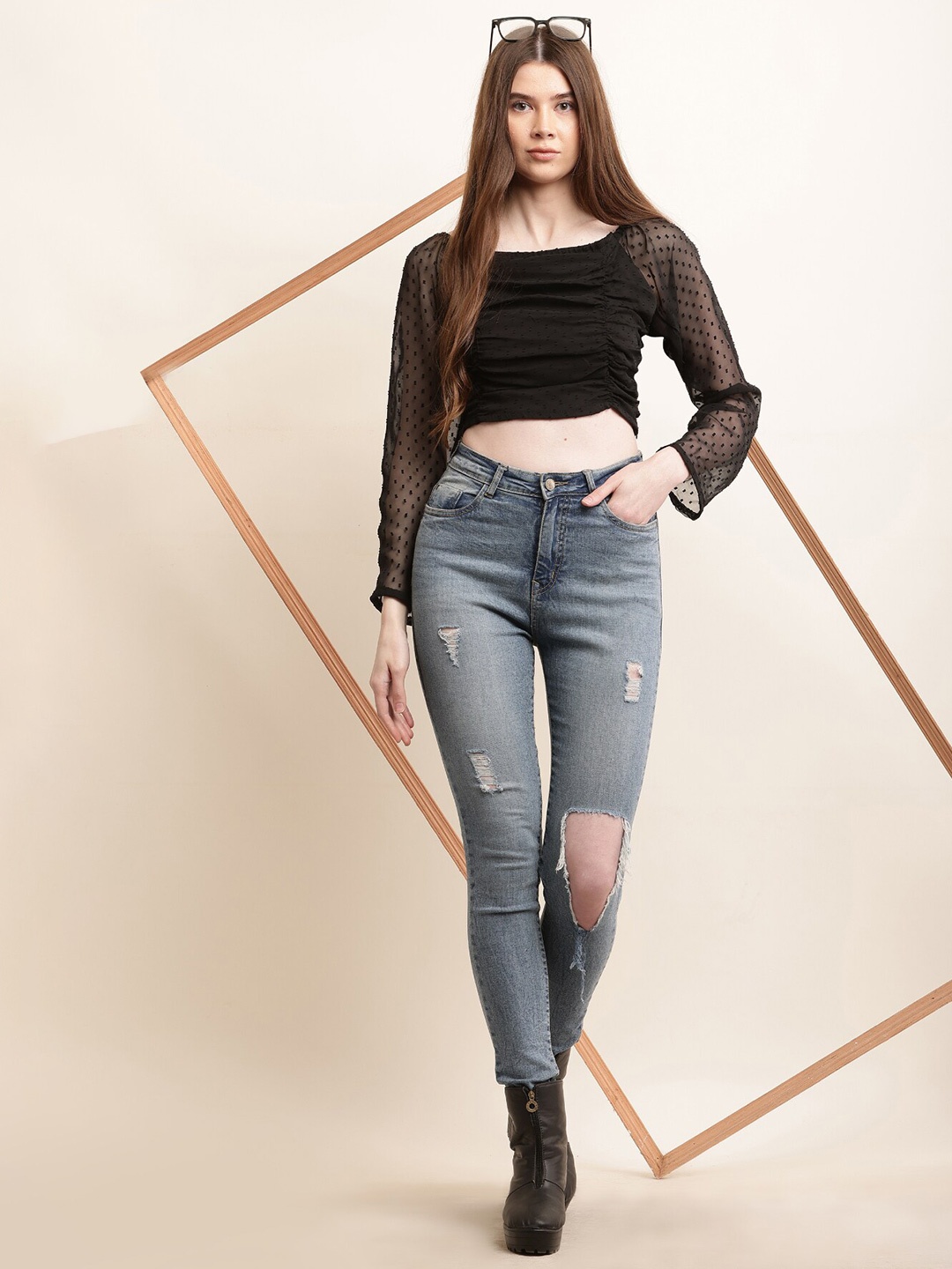 

HIGHLIGHT FASHION EXPORT Geometric Printed Boat Neck Georgette Crop Top, Black