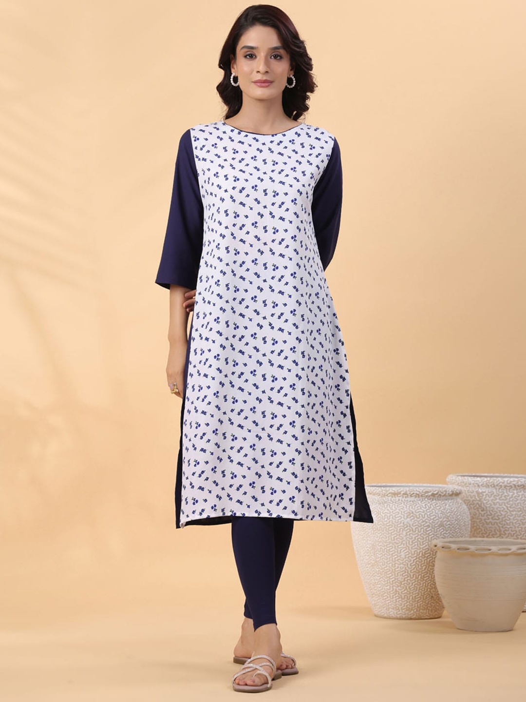 

KALINI Floral Printed Round Neck Crepe Straight Kurta, White