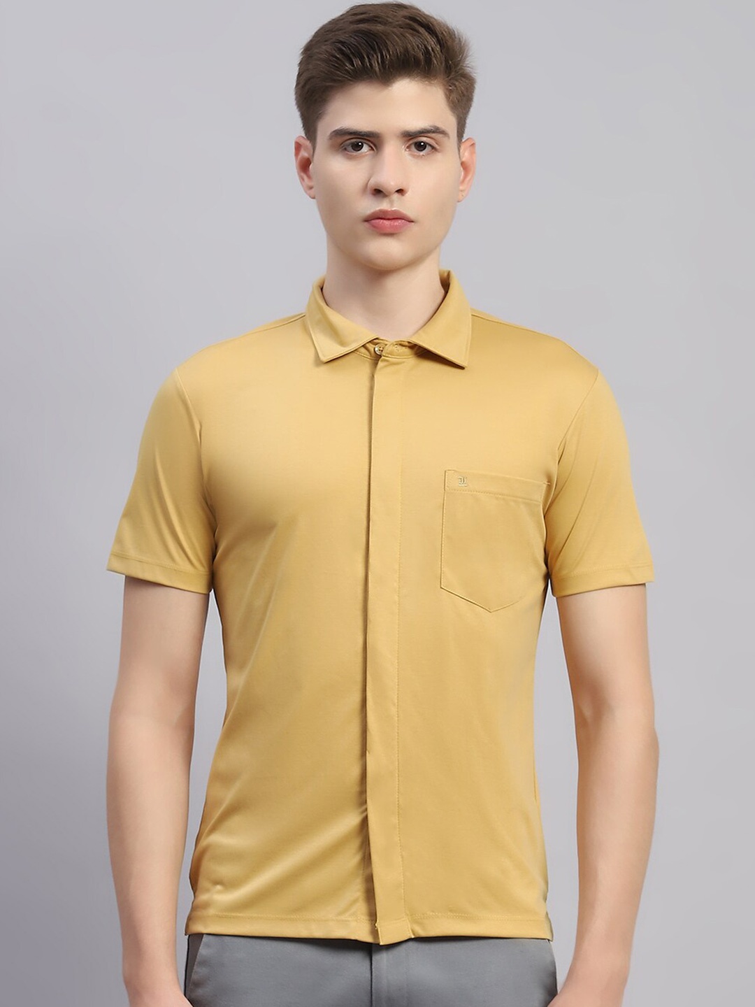 

Monte Carlo Collared Neck Half Sleeve Cotton Shirt, Mustard