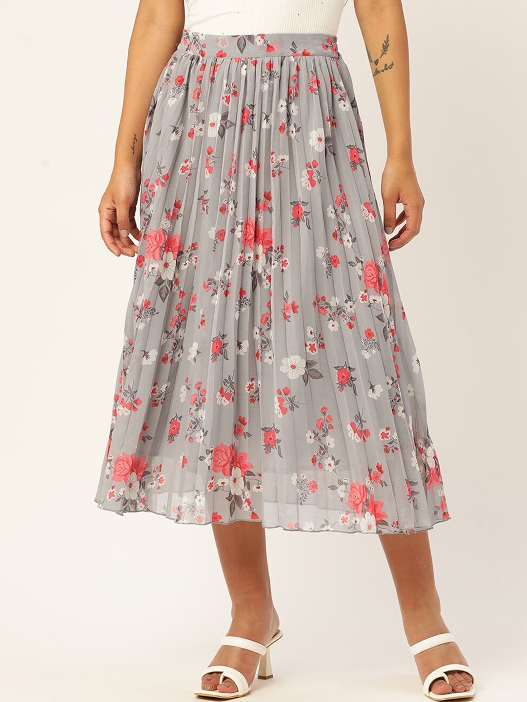 

Slenor Printed Georgette Flared Midi Skirt, Grey