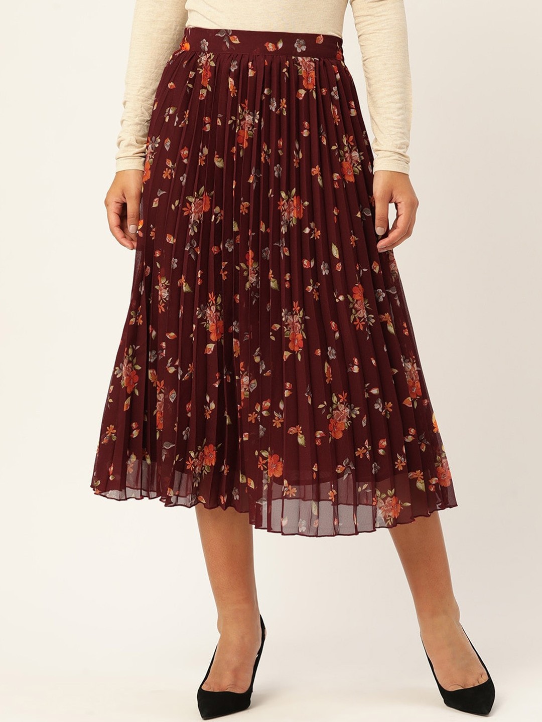 

Slenor Floral Printed Flared Gathered or Pleated Midi Skirt, Maroon