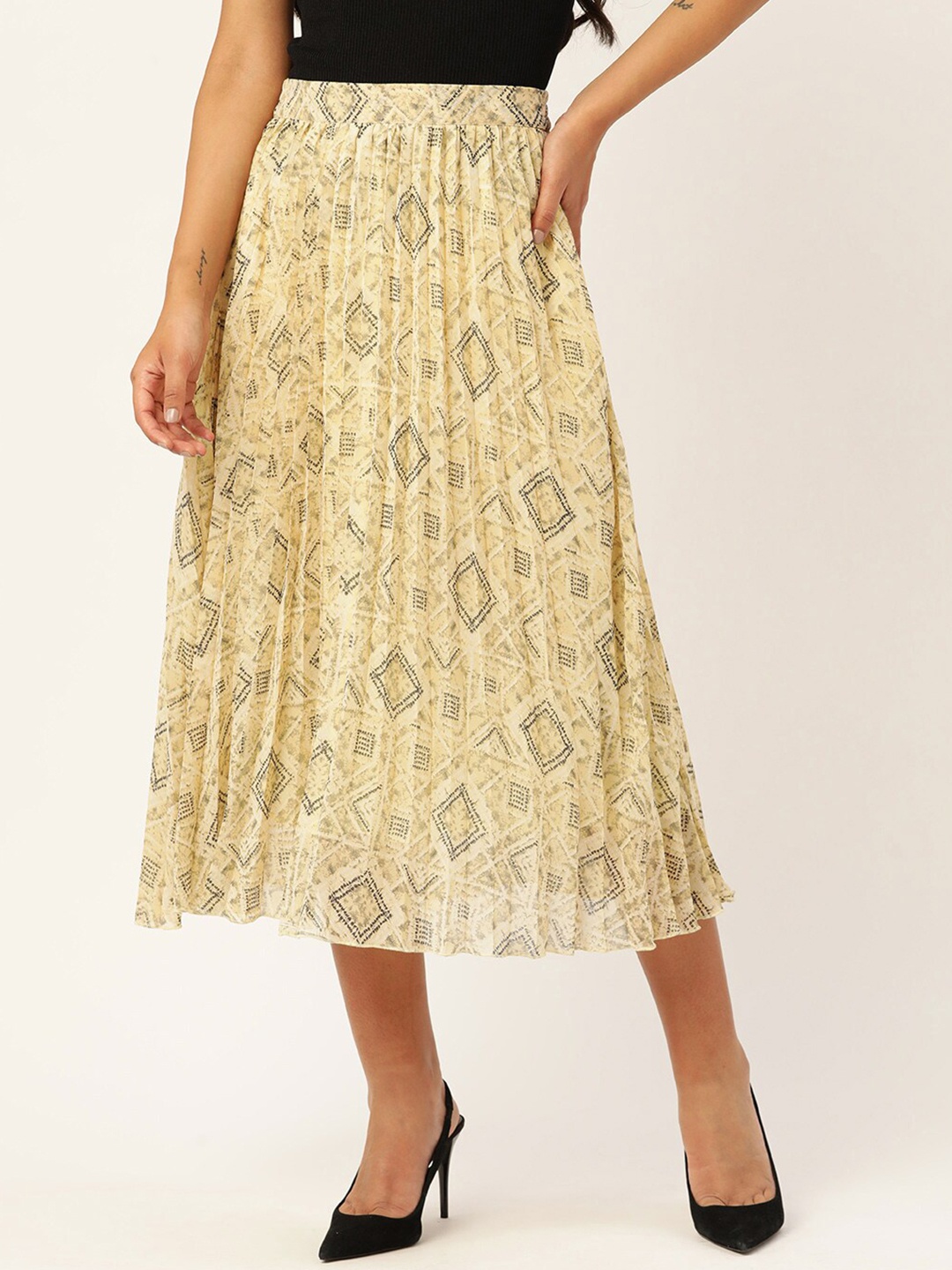 

Slenor Georgette Printed Flared Midi Skirt, Yellow