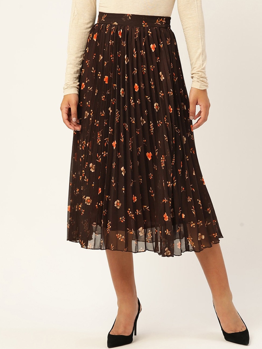 

Slenor Printed Georgette Flared Midi Skirt, Brown