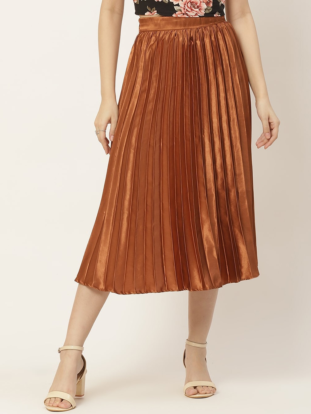 

Slenor Satin Flared Midi Skirt, Brown