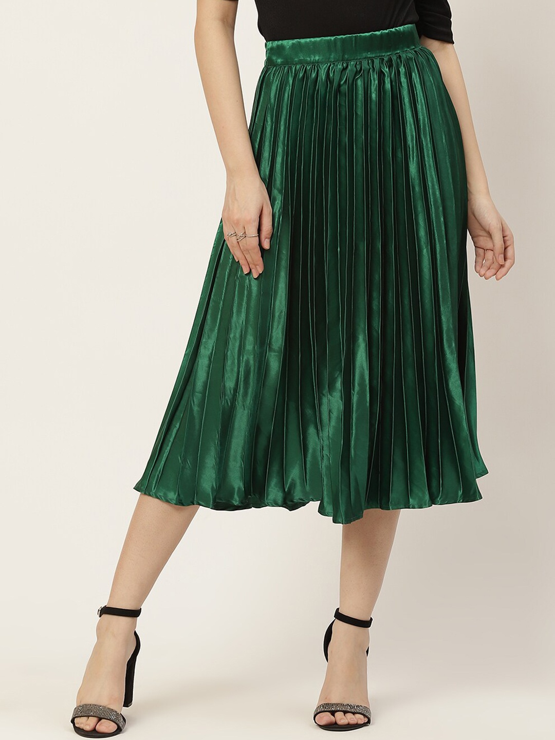 

Slenor Satin Flared Midi Skirt, Green