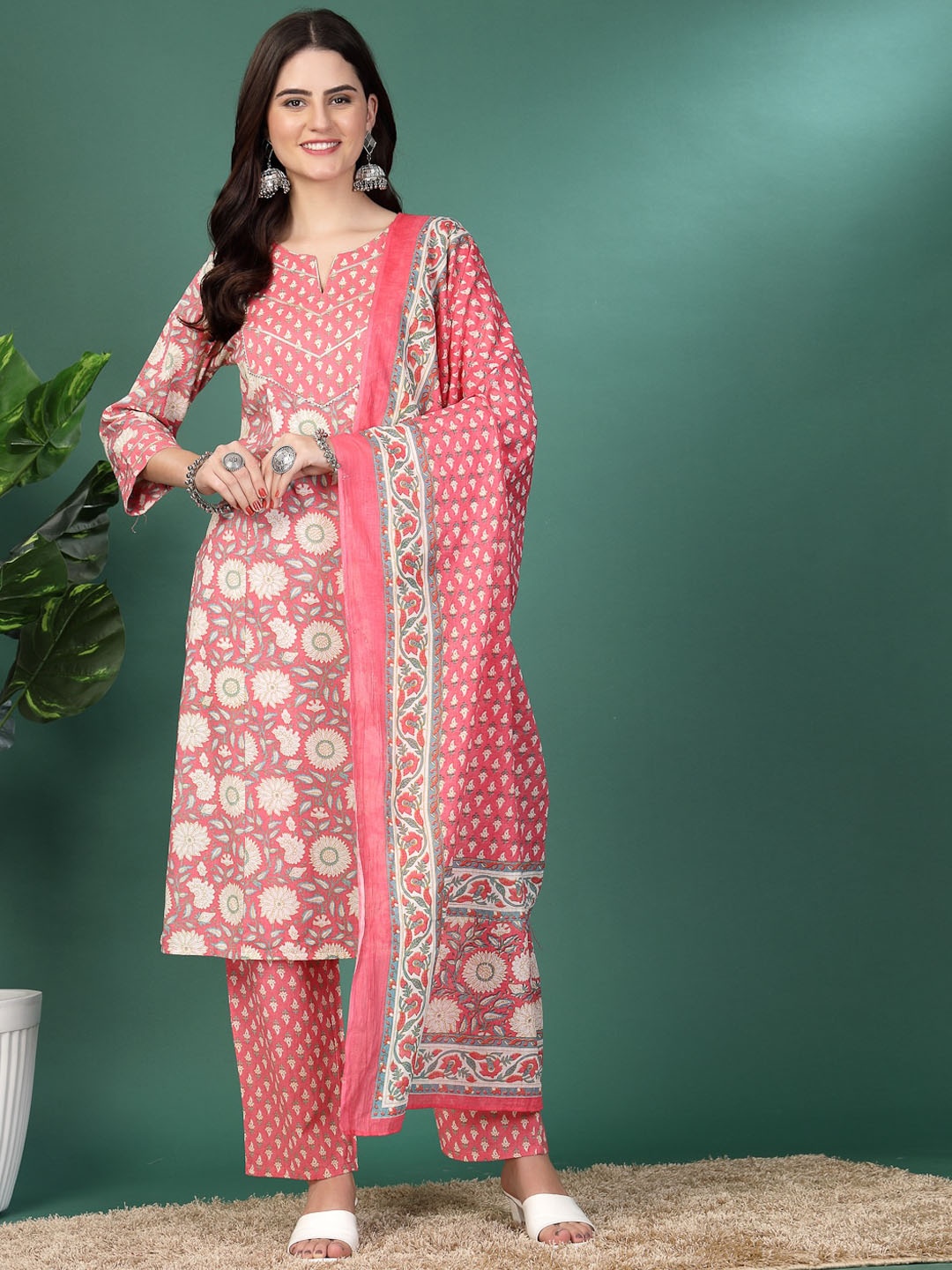 

Nayam By Lakshita Floral Printed Notched Neck Straight Kurta with Palazzos & Dupatta, Pink