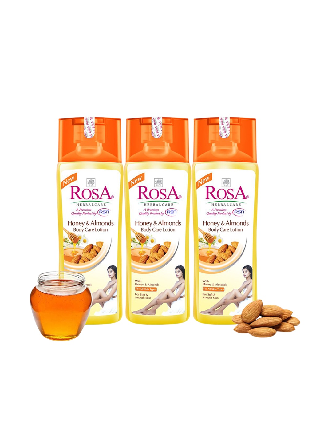 

ROSA Set Of 3 Honey & Almond Lotion With Vitamin -E For Deep Hydration -100ml Each, Cream