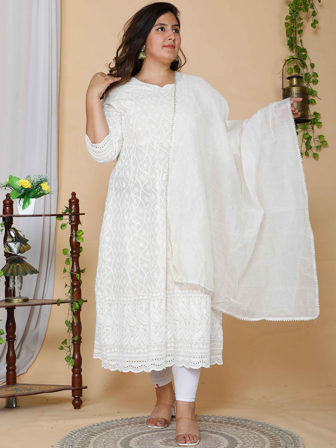 

MIRAVAN Plus Size Floral Embroidered Chikankari Thread Work Anarkali Kurta With Duppatta, White
