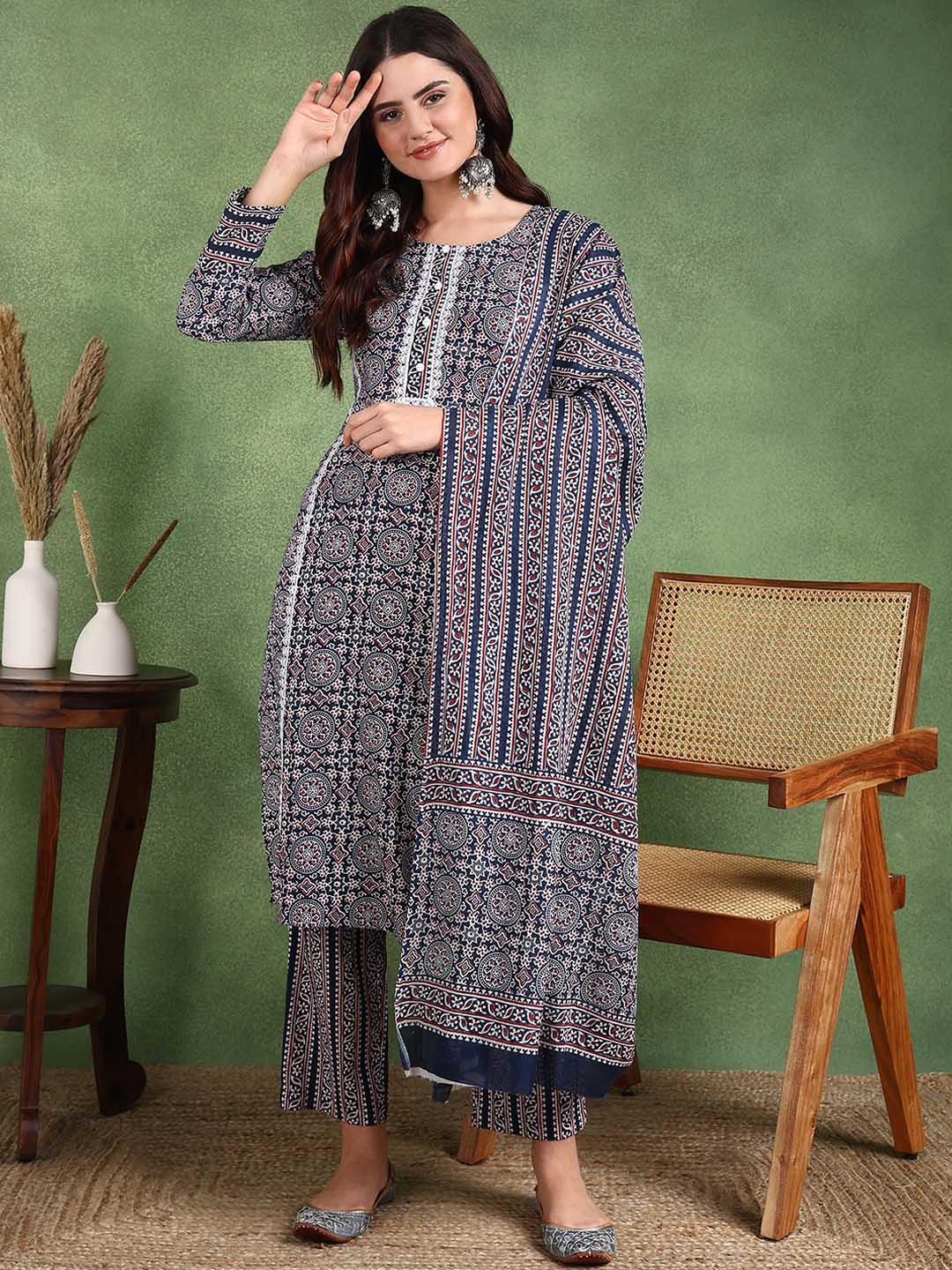 

Sangria Ethnic Motifs Print Pure Cotton Round Neck Straight Kurta With Trousers & Dupatta, Blue