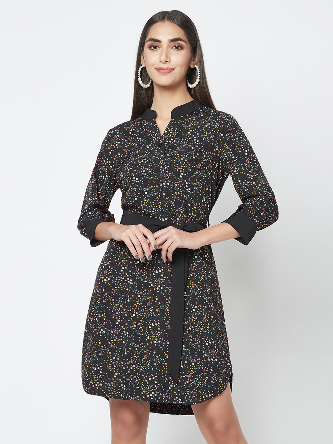 

SQew Floral Print Crepe Mandarin Collar A-line Dress, Black