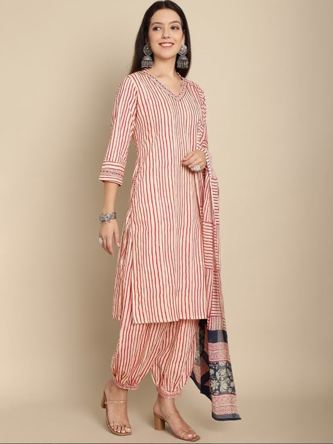 

KALINI Striped Regular Kurta with Salwar & Dupatta, Red