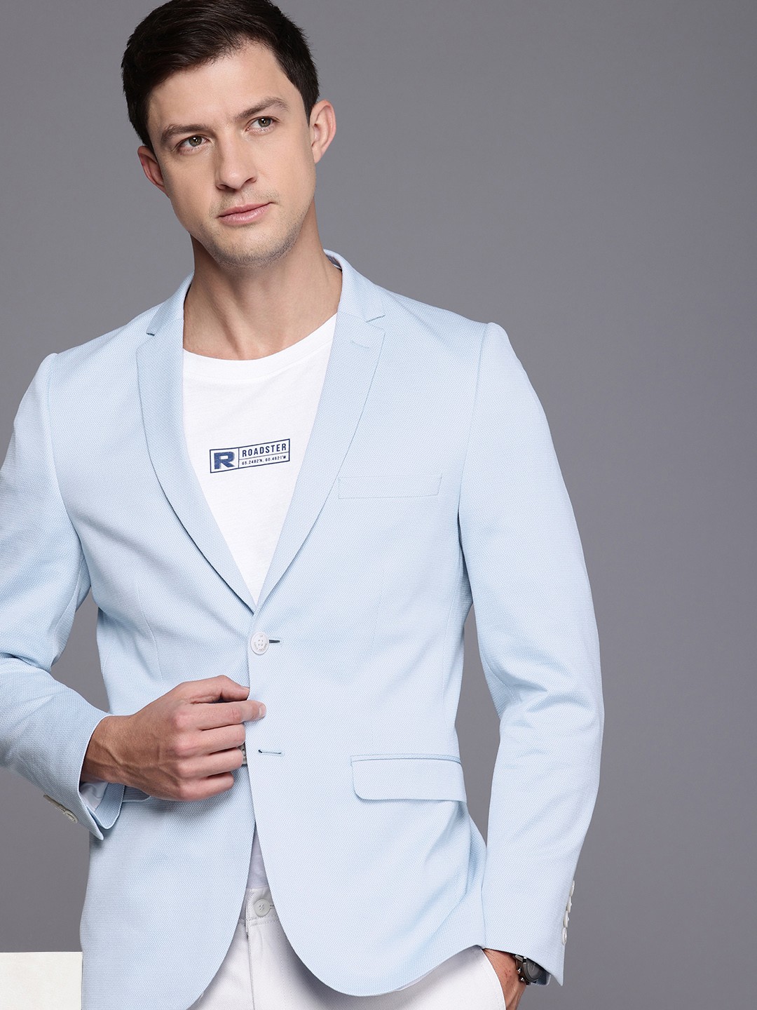 

Louis Philippe Pure Cotton Self Design Single Breasted Super Slim Fit Formal Blazer, Blue