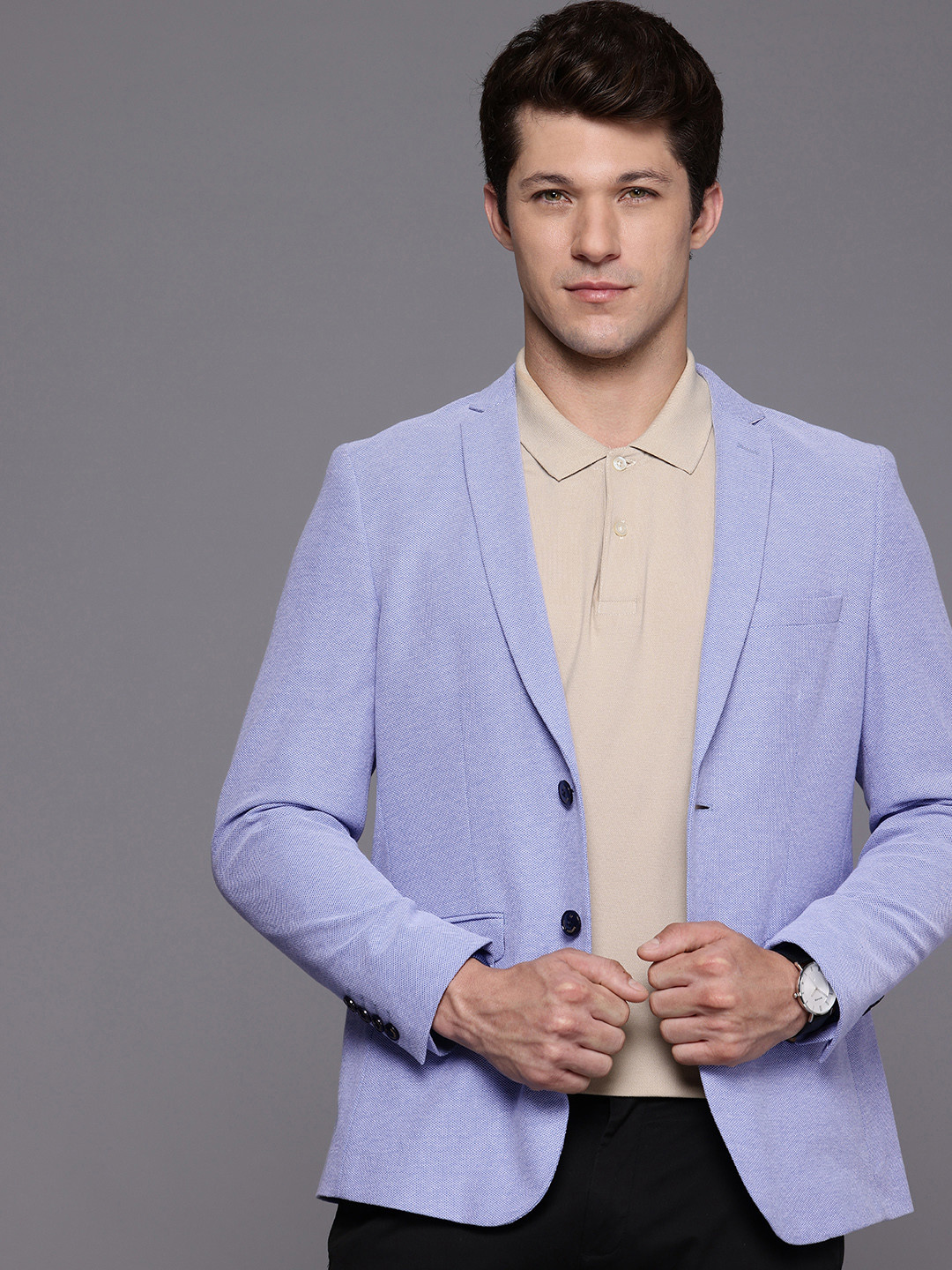 

Louis Philippe Sport Super Slim Fit Textured Notched Lapel Collar Pure Cotton Blazers, Blue