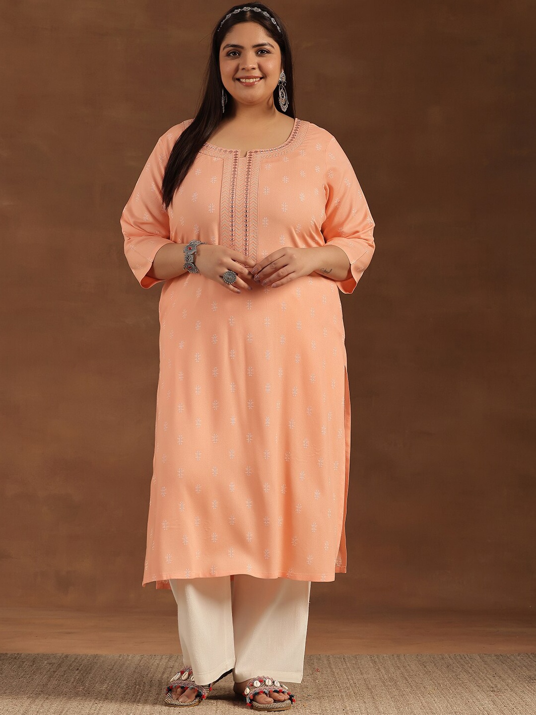 

EXTRA LOVE BY LIBAS Plus Size Ethnic Motifs Printed Mirror Work Cotton Straigth Kurta, Peach