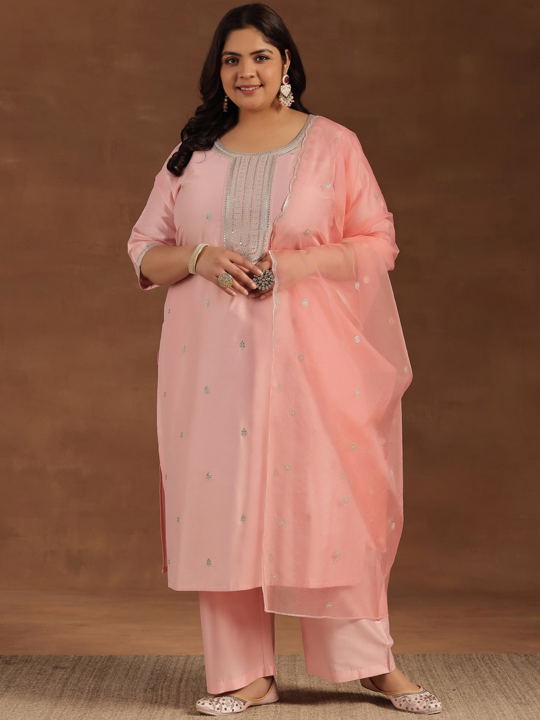 

EXTRA LOVE BY LIBAS Plus Size Floral Embroidered Sequinned Kurta ,Palazzos & Dupatta, Pink