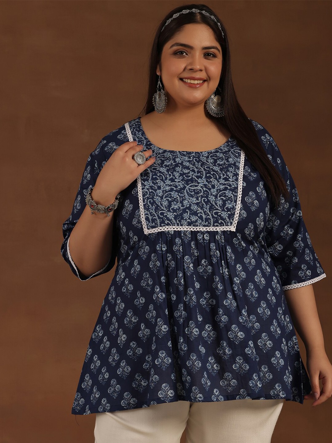 

EXTRA LOVE BY LIBAS Plus Size Women Floral Printed Pure Cotton Pleated Kurti, Blue