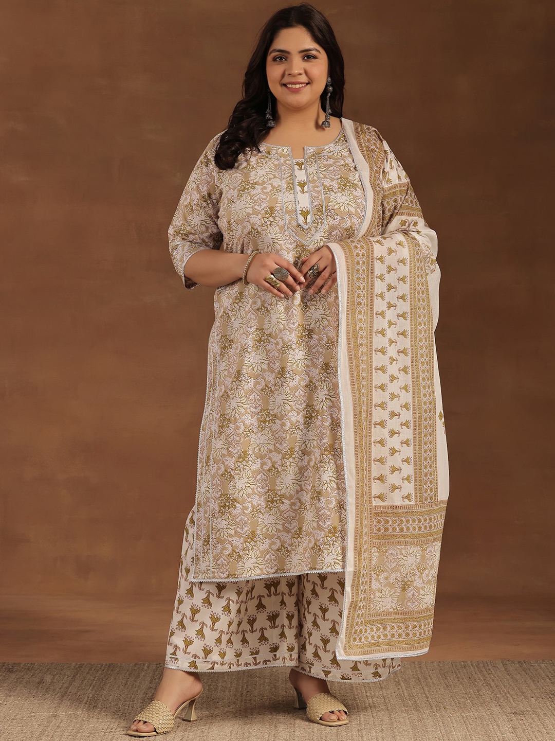 

EXTRA LOVE BY LIBAS Plus Size Printed Gotta Patti Pure Cotton Kurta & Palazzo With Dupatta, Beige