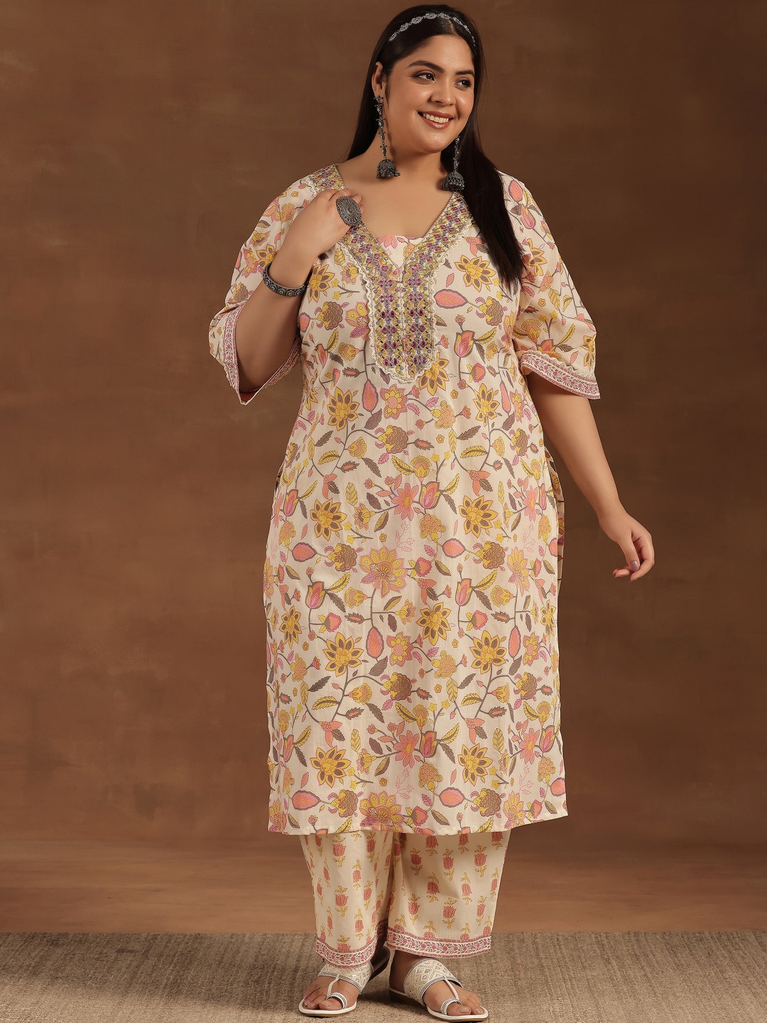 EXTRA LOVE BY LIBAS Plus Size Floral Printed V-Neck Three-Quarter Sleeves Cotton Kurta Set, Off white