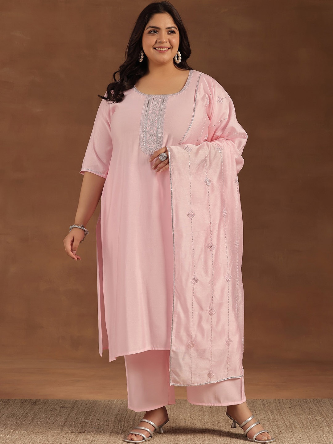 

EXTRA LOVE BY LIBAS Plus Size Floral Yoke Design Straight Kurta With Palazzos & Dupatta, Pink