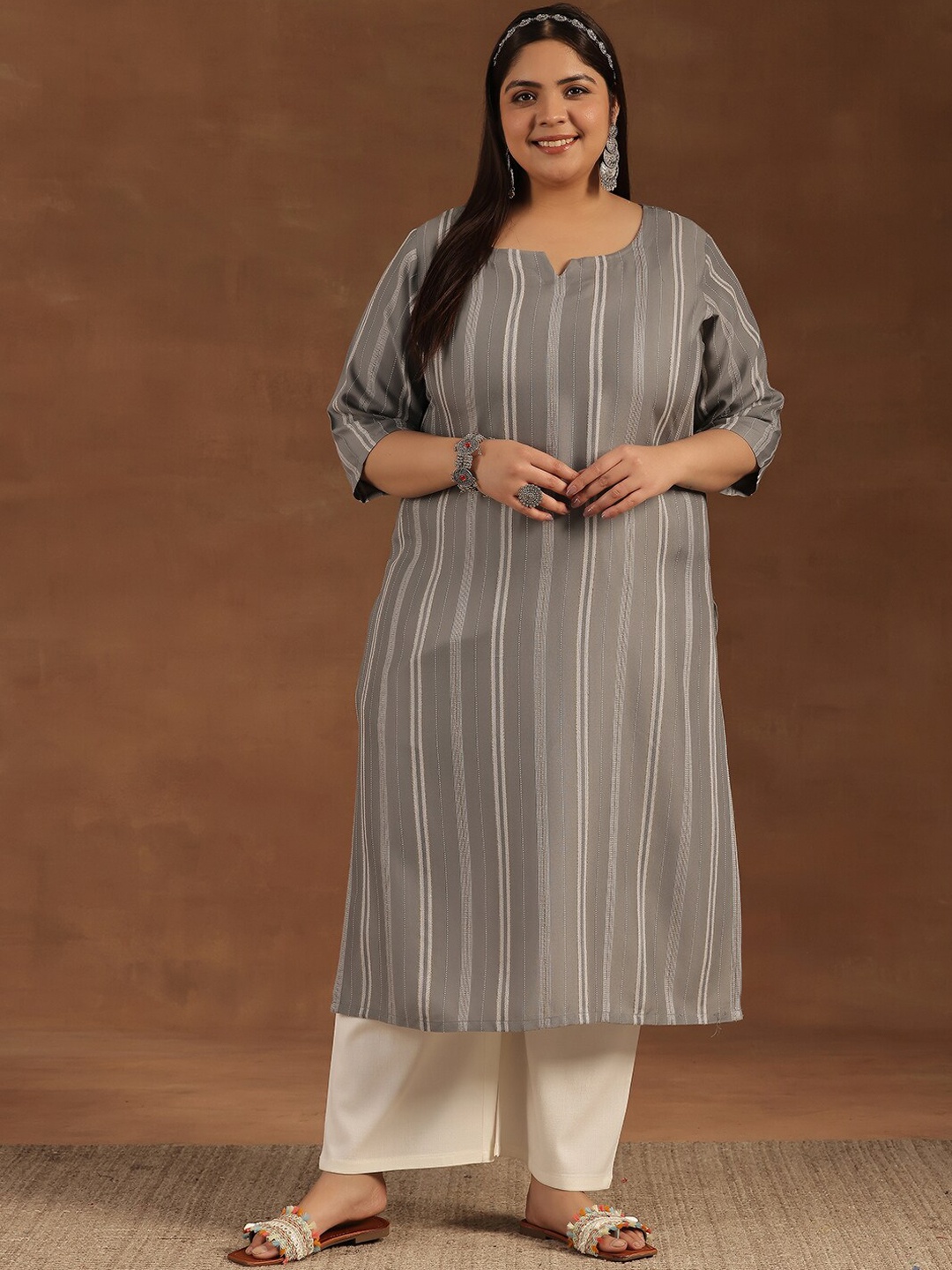 

EXTRA LOVE BY LIBAS Plus Size Striped Thread Work Straight Kurta, Grey