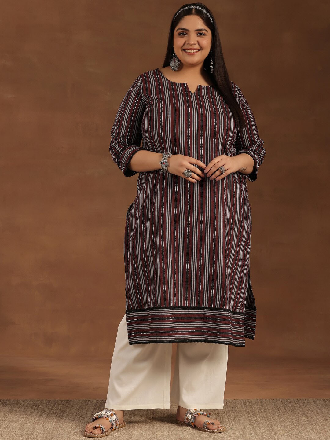 

EXTRA LOVE BY LIBAS Plus Size Striped Thread Work Cotton Straight Kurta, Maroon