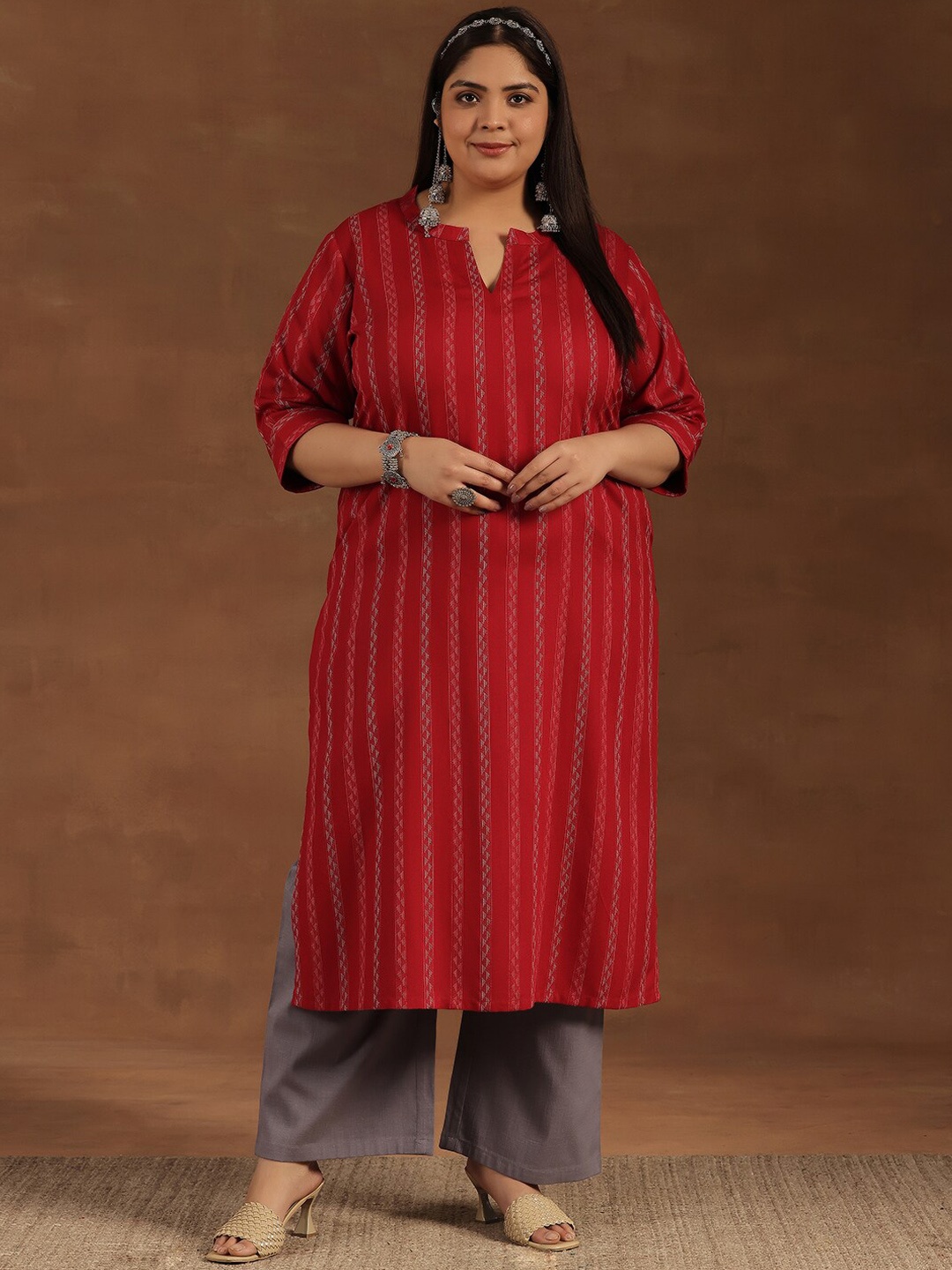 

EXTRA LOVE BY LIBAS Plus Size Striped V-Neck Thread Work Straight Kurta, Red