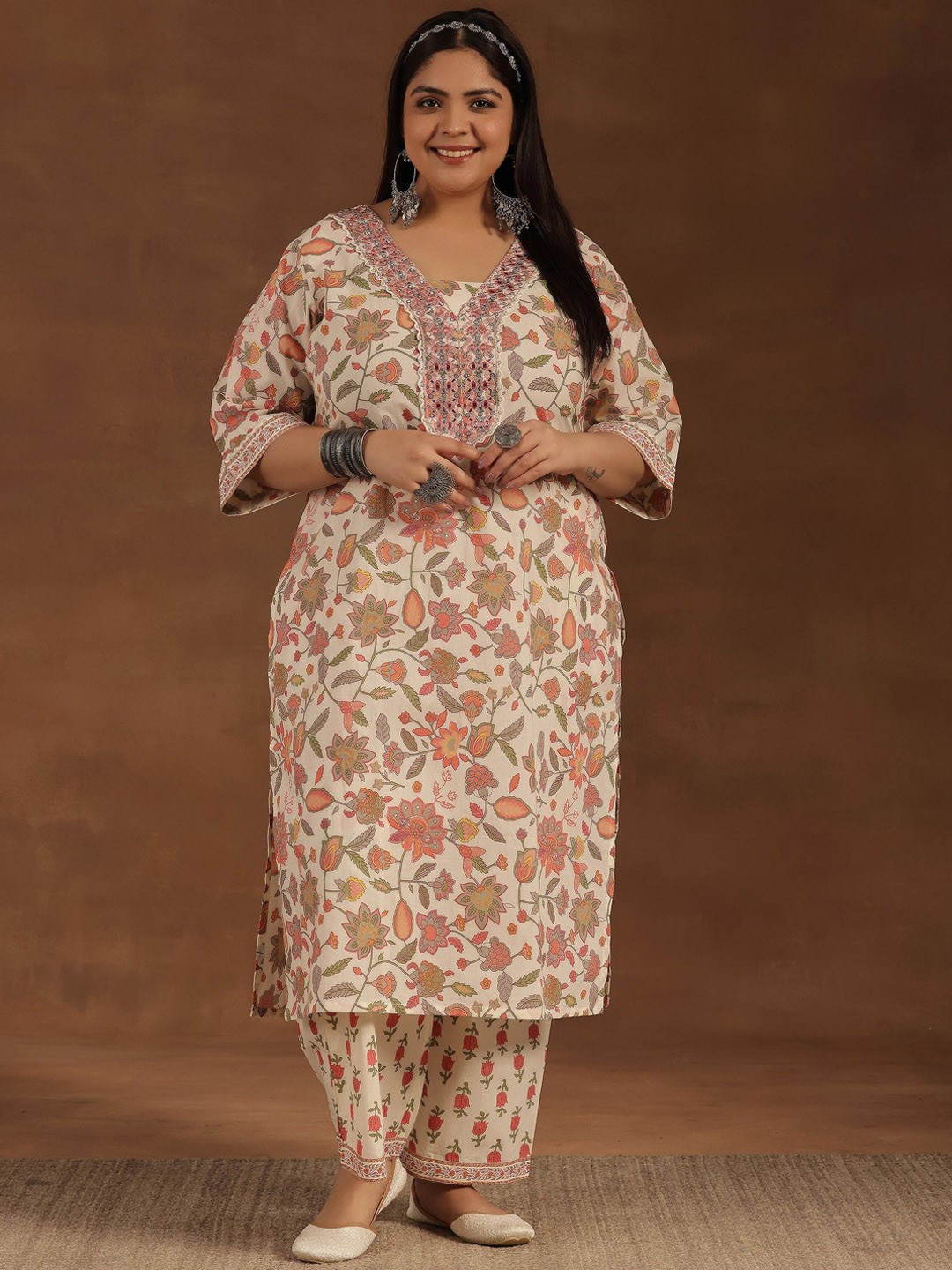 

EXTRA LOVE BY LIBAS Plus Size Floral Printed Mirror Work Cotton Straight Kurta & Palazzo, Off white