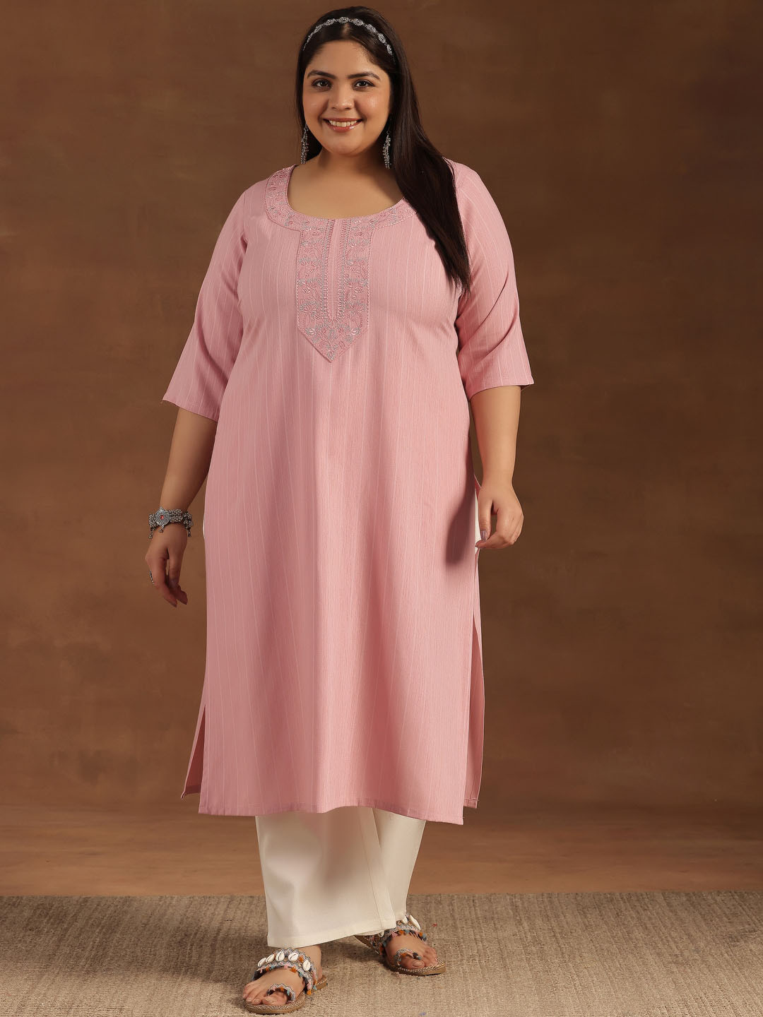 

EXTRA LOVE BY LIBAS Plus Size Yoke Design Thread Work Jacquard Straight Kurta, Pink