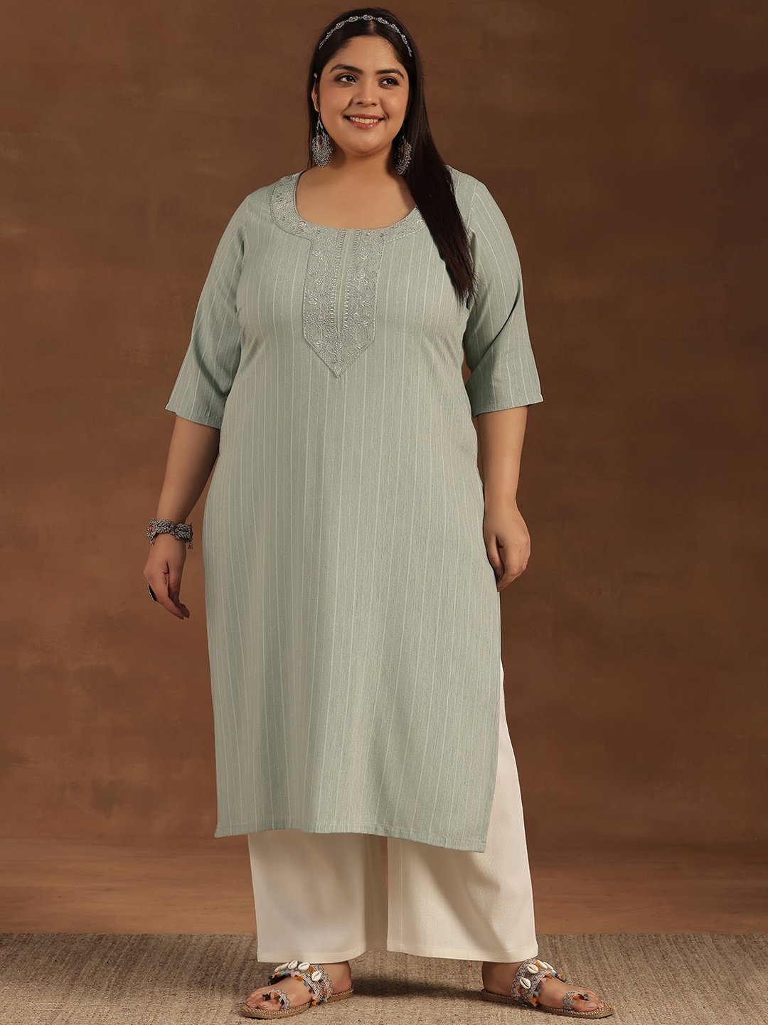 

EXTRA LOVE BY LIBAS Plus Size Striped Yoke Design Thread Work Jacquard Straigth Kurta, Green