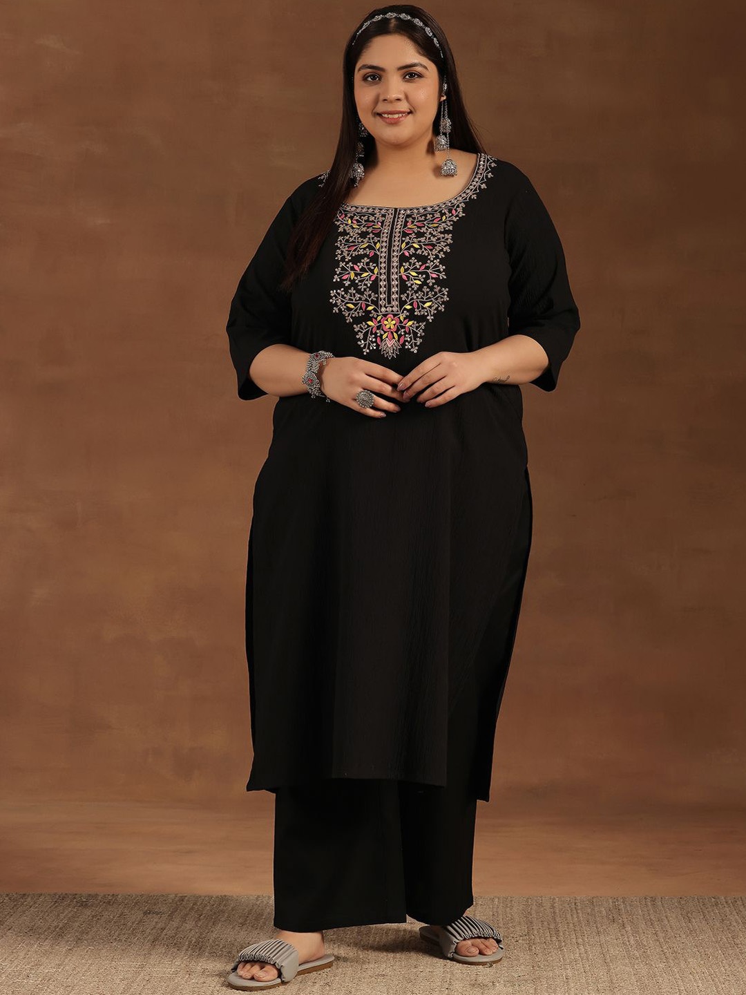 

EXTRA LOVE BY LIBAS Plus Size Floral Yoke Design Thread Work Straight Kurta, Black