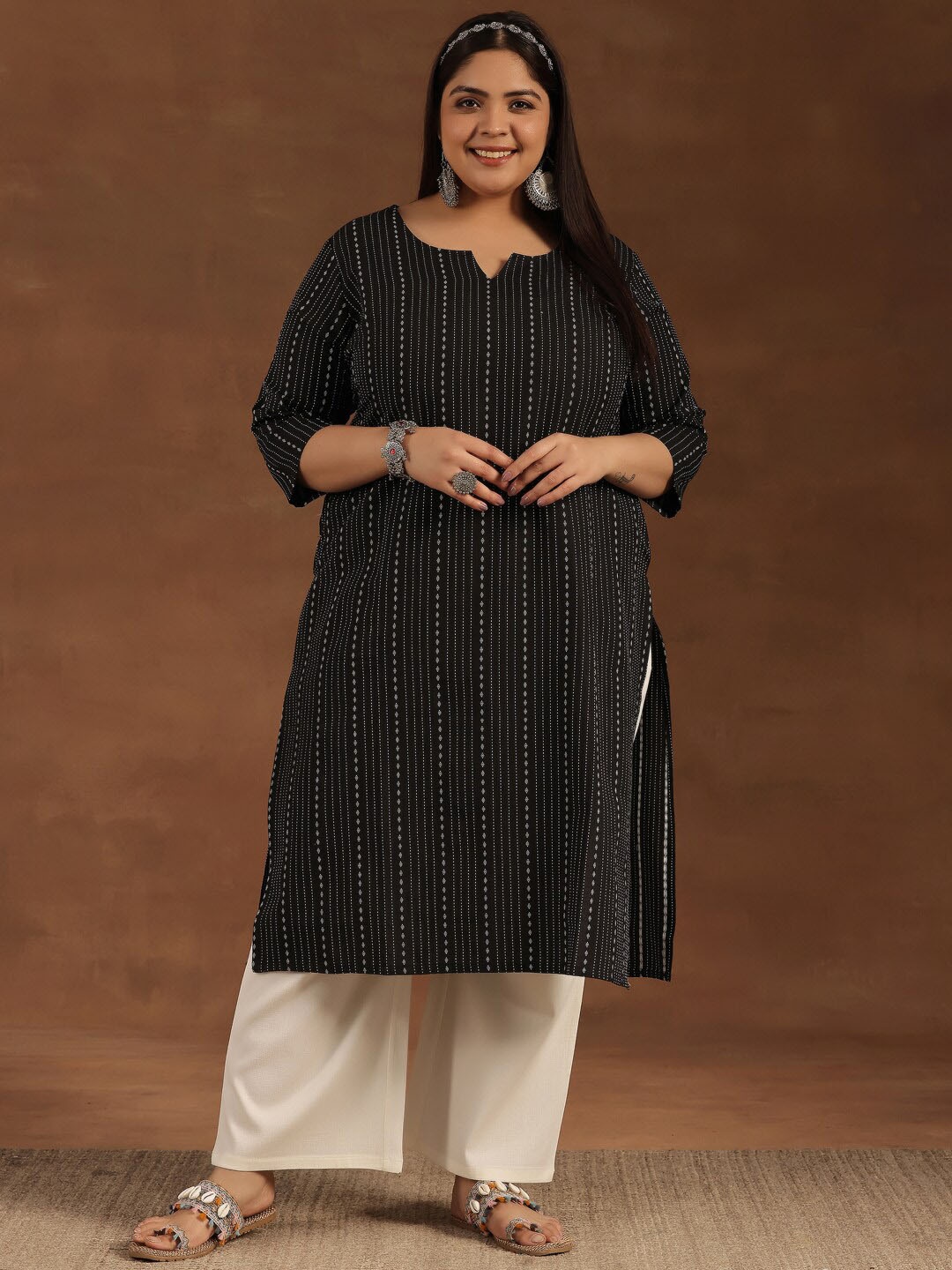 

EXTRA LOVE BY LIBAS Plus Size Striped Thread Work Cotton Straight Kurta, Black