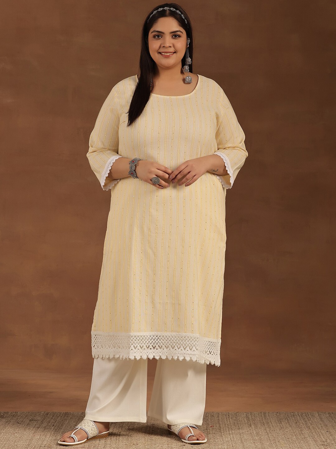 

EXTRA LOVE BY LIBAS Plus Size Striped Mirror Work Cotton Straight Kurta, Yellow