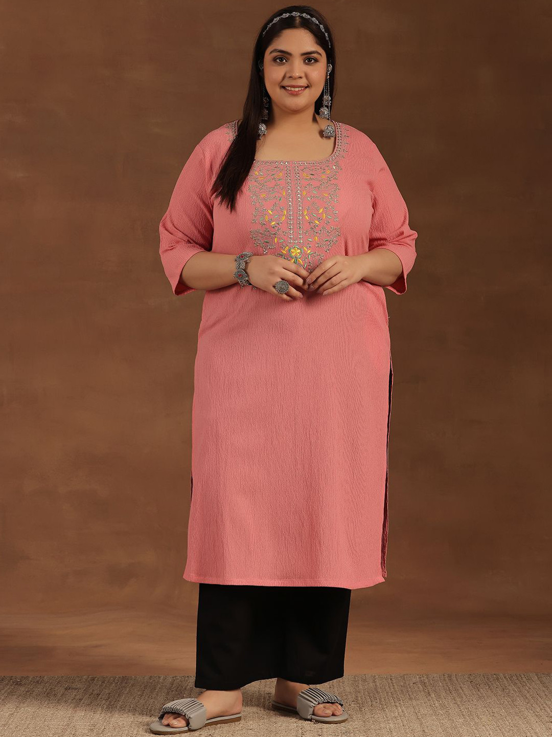 

EXTRA LOVE BY LIBAS Plus Size Floral yoke Embroidered Mirror Work Straigth Kurta, Pink